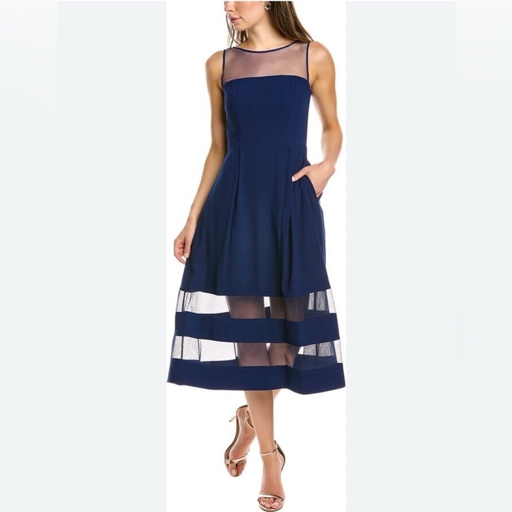 NWT ADRIANNA PAPELL Navy Sheer Panel Illusion Mesh Yoke & Hem Midi Dress 10 US